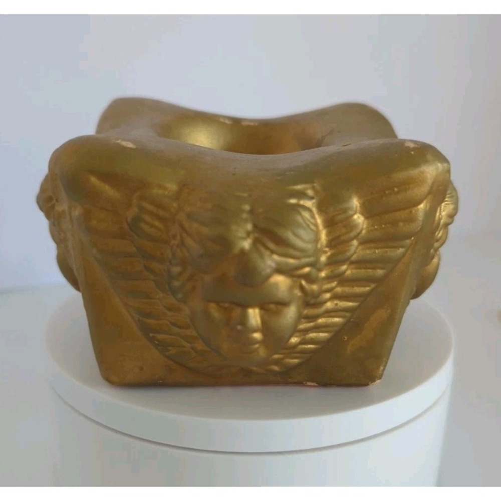 Vintage Angel Cherub Face Gold Tone Candle Holder 4 Sided Victorian Terracotta